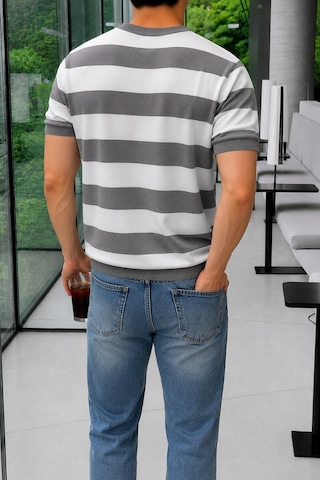 Tarz Cool Erkek Çizgili Triko Tişört Bisiklet Yaka Slim Fit Yazlık İnce Dokulu Gri
