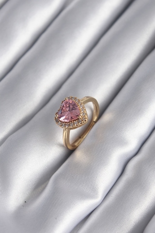 Pirinç Gold Renk Pembe Zirkon Taş Charm Model Kadın Yüzük Altın