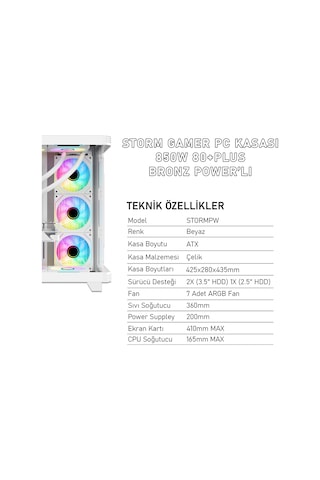 Gameagle STORMPW Storm 7 Argb Fanlı Gamer Bilgisayar Kasası 850w 80+ Plus Bronz Power'lı Beyaz