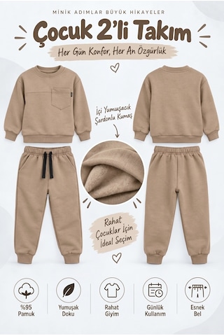 Ahengim Erkek Çocuk Cepli Sweatshirt Ve Jogger Eşofman Altı 2 Li Takım Günlük Rahat Çocuk Eşofman Seti Ak125 Bej