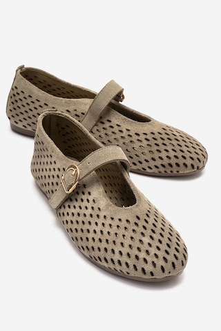 Luvishoes Arian Yeşil Süet Hakiki Deri Delikli Kadın Babet Ayakkabı Yeşil