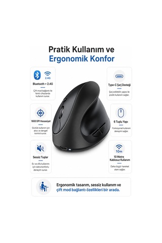 Type-c Şarjlı Dikey Ergonomik Kablosuz Mouse Bluetooth Siyah Sağ El Kullanımına Uygundur Çok Renkli Diğer