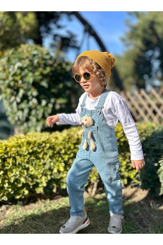 Jolly Kids Erkek Çocuk 2-10 Yaş Mavi Peluş Ayıcıklı Kot Salopet Mavi