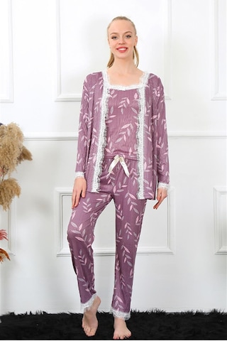 İbrahim Burak Etiler Collection Moda Çizgi Kadın 3'lü Lila Sabahlık Pijama Takım 16103