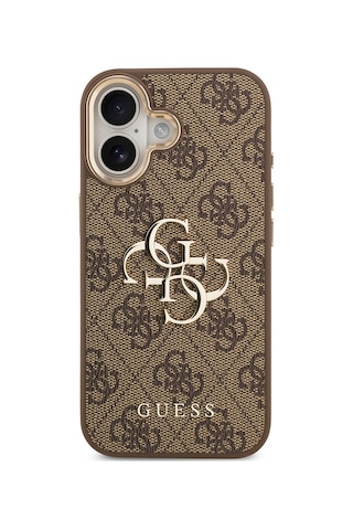 Apple Uyumlu iPhone 17 Kılıf Guess Lisanslı Gold Metal Kamera Çerçeveli Metal Büyük 4g Yazı Logolu Kapak Kahve