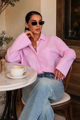 Madmext Pembe Çizgili Sendy Kumaş Kadın Gömlek Mg2834