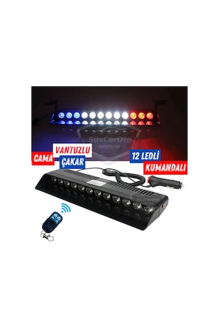 S12 Kumandalı Cam İçi Vantuzlu Polis Çakar Lamba İkaz Lambası 12 Ledli 14 Farklı Mod Kablosuz Kırmızı Beyaz Mavi 3 Renk Çakmaklık Girişli 00 Şüscaroto Aksesuar