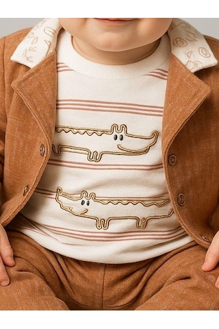 Erkek Bebek Pamuklu Timsah Desenli Body Ceket Pantolon 3'lü Takım-16289 Kahverengi