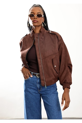 Kahverengi Süet Bomber Ceket D99806 Kahverengi