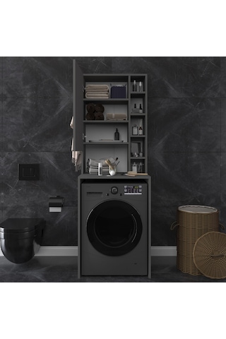 Asra Trend Çamaşır Makinesi Üstü Banyo Dolabı BD-02 %100 MDF Kapaklı Organizer Raf Antrasit