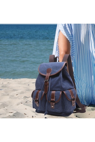 Suntek Kanvas Sırt Çantası Okul Yürüyüş Satchel Çanta Koyu Mavi