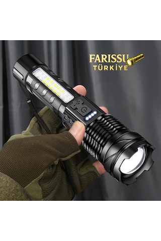 2500 Lümen Şarjlı Taktik Led El Feneri 7 Modlu, Zoom Özellikli, Cob Yan Işıklı + Özel Kılıf Hediyeli Siyah