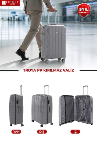 Cotpoly Home Troya Pp Polipropilen Kırılmaz Kabin Boy Valiz 360 Döner Sessiz Tekerlekli Gri