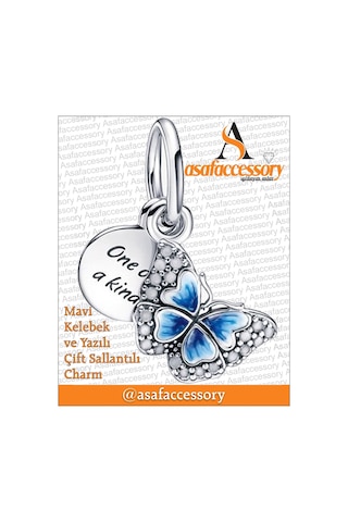 Sallantılı Yazılı Kelebek Charm Asafaccessory Mavi