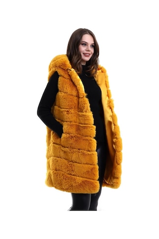 Novalisse Kadın Kapüşonlu Peluş Kürk Yelek Premium Kalite Tam Astarlı Uzun Model - Sarı Çoklu Renk