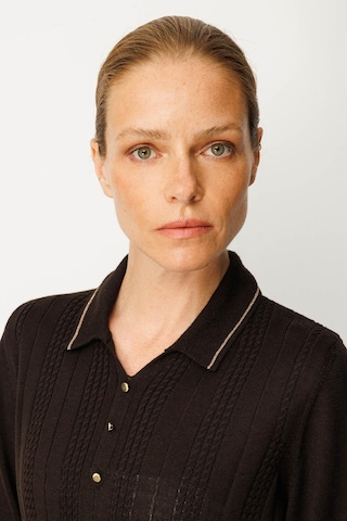 Desen Triko Polo Yaka Simli Çizgili Kadın Yün Bluz 25080d Kahve