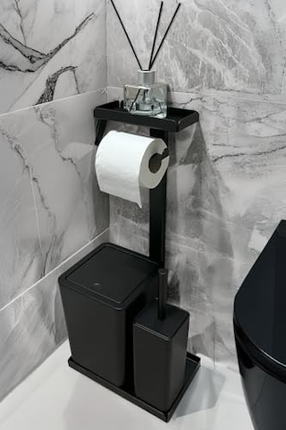 3'ü 1 Arada Banyo Seti Tuvalet Kağıtlık, Çöp Kovası Ve Tuvalet Fırça Takımı Mat Siyah Çok Renkli