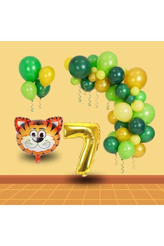 7 Yaş Safari Temalı Folyo Kaplan Yeşil Sarı Gold Balonlar Gold Rakam Doğum Günü Süsü Sarı - Yeşil