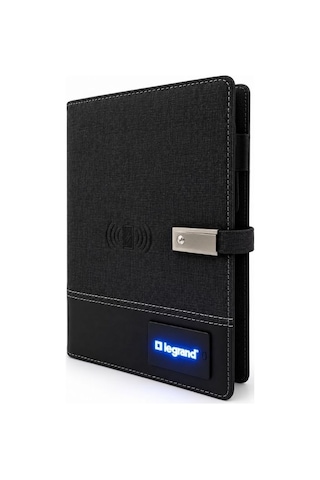 Legrand Işıklı Logo Powerbank Ajanda - 8000 Mah Kablosuz Şarjlı & Led Lambalı Notebook 88 Karakter Siyah