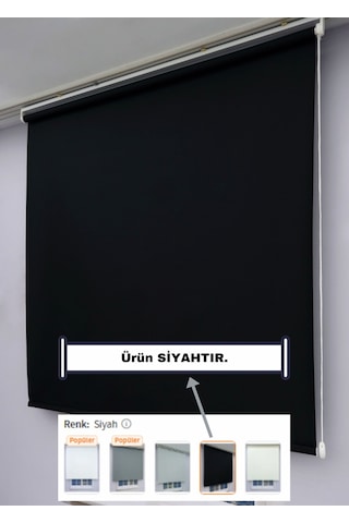 Düz Stor Perde - Kalın Mat Stor Güneşlik Kumaş Keten - Alüminyum Kasa Ve Boru - Eteği Dilimsiz/düz Siyah