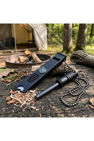 Knivox 5'i 1 Arada Kamp Hayatta Kalma Kiti - Magnezyum Çubuğu, Pusula, Düdük Ve Kav Kazıyıcı Siyah