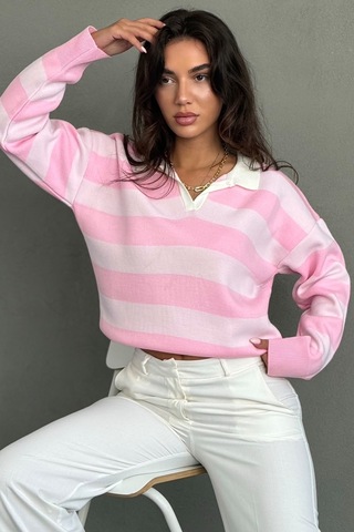 Madmext Pembe Çizgili Polo Yaka Kadın Kazak Mg2882