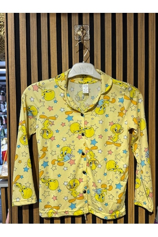 Mihra Kız Çocuk Sarı Tweety Desenli Önden Düğmeli Pijama Takımı