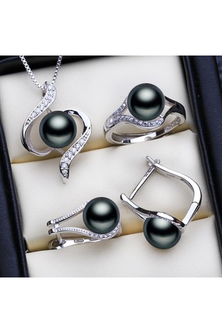 Siyah Lsooyh Doğal Tatlı Su Inci Kolye Çiçek Kolye Moda Saplama Küpe Yüzükler Kadınlar Için Inci Takı Setleri Siyah