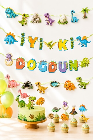 Dinazor Temalı Doğum Günü Parti Seti, İyi Ki Doğdun Flama, Cupcake Ve Pasta Süsü Happy Birthday Dijital Baskı