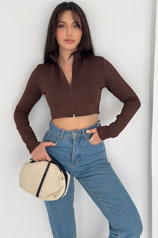 Kadın Fermuarlı Crop Ceket Dinamik & Modern Stil Kahverengi