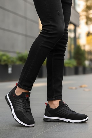 Siyah Kırmızı Elastik Bağcıklı Hafif Esnek Erkek Spor Ayakkabı Dong 2534 M Siyah-kırmızı