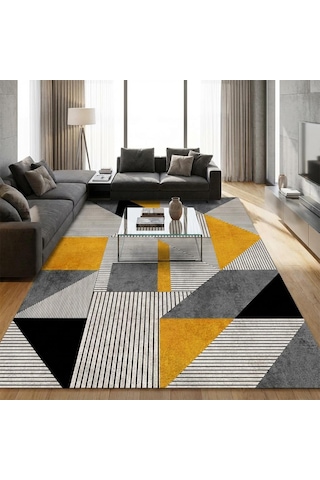 Hardal Gri Geometrik Üçgen Desenli Modern Dijital Baskılı Kaymaz Tabanlı Yıkanabilir Halı Hardal