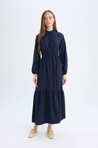 Defacto Gömlek Yaka Basic Düz Düğmeli Beli Büzgülü Uzun Kollu Maxi Lacivert Elbise D5851AX24AUNV31 Lacivert