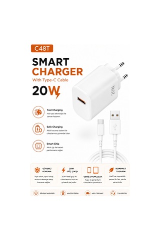 C48t Smart Charger Usb To Type C Kablolu Hızlı Şarj Aleti Fast Charging Smart Chip Safe Charging Usb Adaptör Ve Usb C Şarj Kablosu