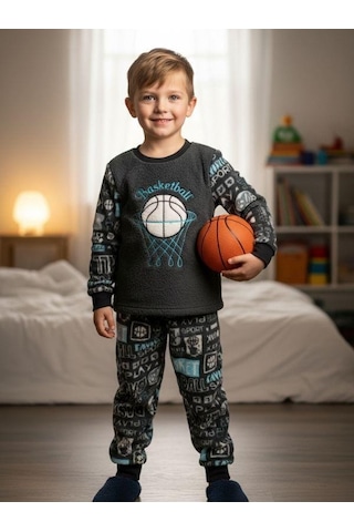 Zekids Erkek Çocuk Basketball Baskılı Polar Pijama Takımı-16815 Renklı