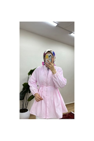 Moonsc Kadın Nervürlü Keten Tesettür Gömlek - Pembe