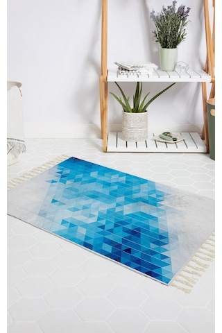 Banyo Halısı Dijital Baskılı Banyo Paspası 50x80 Polyester Kaymaz Tabanlı Duş Paspası Blue Square Beyaz - Siyah