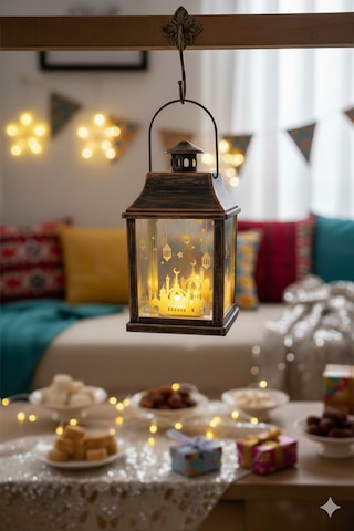 10 Cm Ramazan Ledli Kare Altın Aynalı Fener - Pil Dahil Dekoratif Ramazan Feneri Diğer