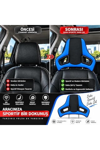 Universal Araç Koltuk Kafalığı Spor Yarış Tipi Lüx Deri Oto Başlık-mavi Mavi Siyah