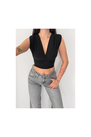 Butik İstanbul Vatkalı Kolsuz V Yaka Drapeli Crop Bluz Likralı Fit - Siyah