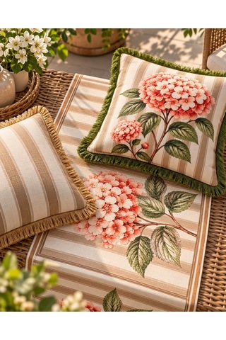 Çizgili Çiçek Desenli Runner + 4 Lü Kırlent Kılıfı Kombin Seti 45 x 45