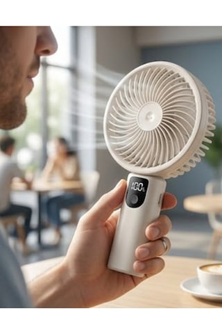 Şarjlı Standlı Güçlü El Fanı Masaüstü Mini Vantilatör 1200mah 5 Kademe Hız Ayarı Dijital Gös