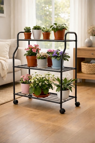 Modern Siyah 3 Katlı Metal Tekerlekli Mutfak Ve Dekoratif Saksılık Çiçeklik Dayanıklı Raflı Stand-organizer Siyah