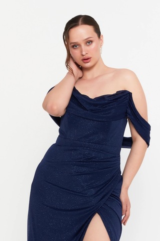 Doridorca Kadın Büyük Beden Düşük Kollu Uzun Abiye Elbise 6149 Lacivert Lacivert