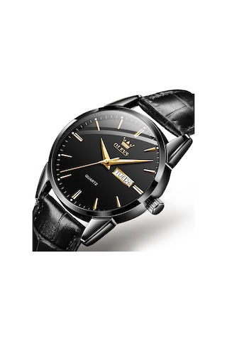 Olevs 6898 Erkekler Moda Su Geçirmez Çift Takvim Kuvars İzle Siyah