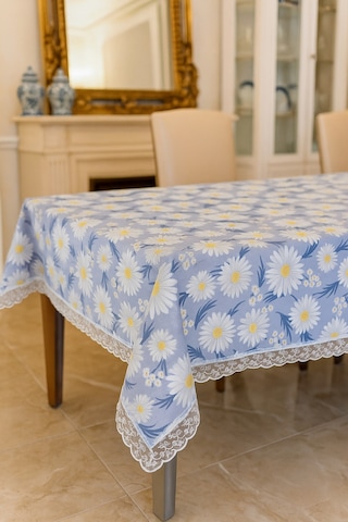 Açık Mavi Papatyalı Masa Örtüsü Su Geçirmez, Silinebilir Şık Dikdörtgen Model Mavi