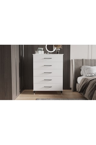 Şifonyer Beş Çekmeceli Aynalı Parlak Beyaz Beyaz