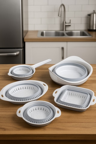 5'li Akordiyon Süzgeç Seti - Pirinç, Oval, Yuvarlak, Saplı, Kare Süzgeç - Katlanır Süzgeç Seti Beyaz - Gri