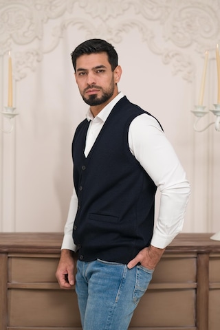 Woolen World Regular Fit Ön Cepli Kolsuz Erkek Triko Yelek Lacivert