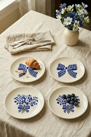 Blue Gift 4 Lü Çiçek Desenli Seramik Tatlı Tabağı 16 Cm Pasta Kahvaltı Sunum Tabak Seti Beyaz